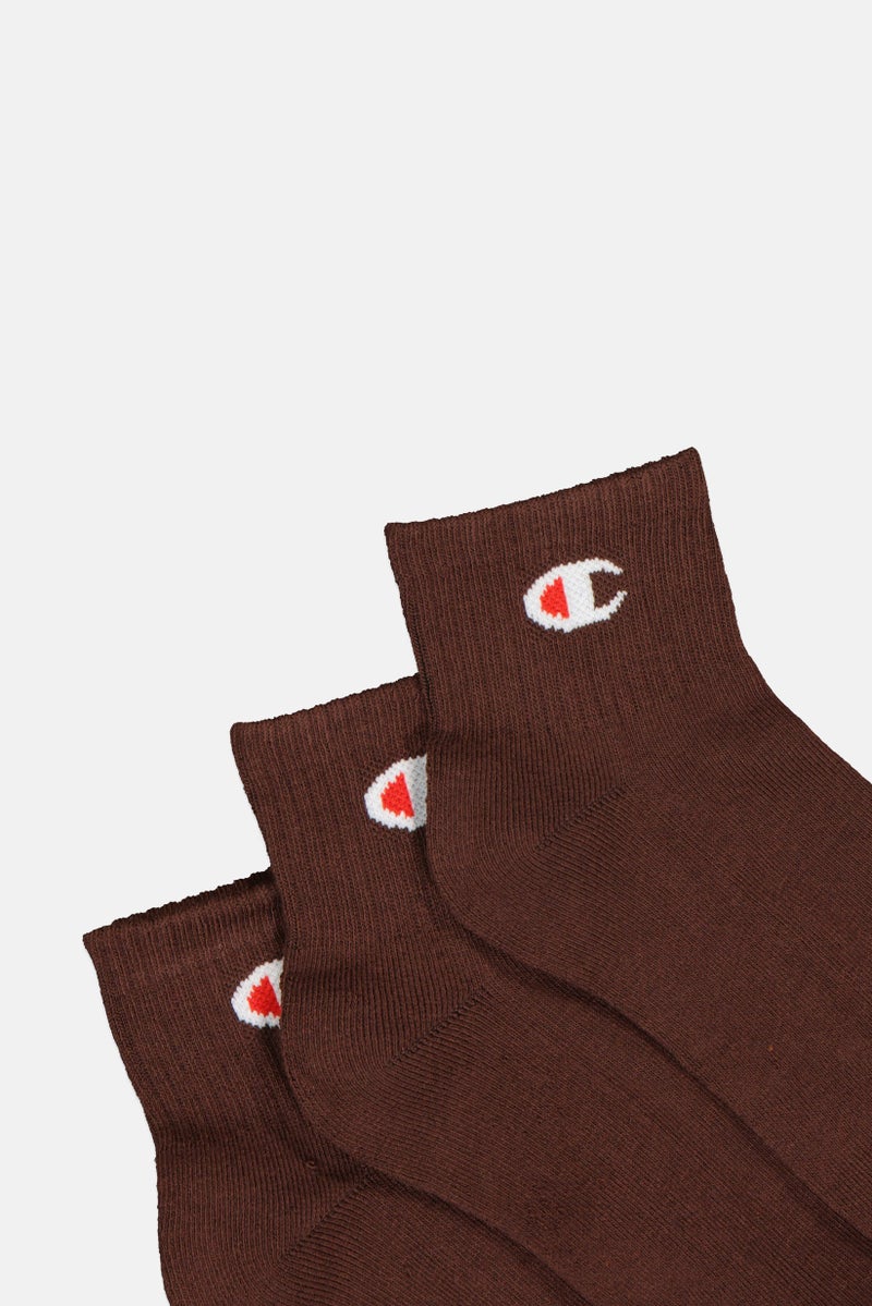 Champion Men 3 Pairs Brand Logo Quarter Socks, Brown - Image 2