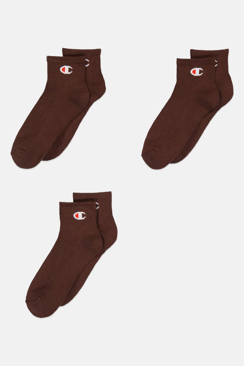 Champion Men 3 Pairs Brand Logo Quarter Socks, Brown - Image 3