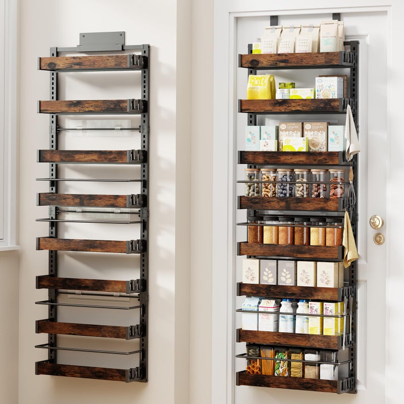 CUISIBOT 8 Tier Over The Door Pantry Organizer, 2 IN 1 Wall Mount or Metal Hanging Spice Rack for Pantry Organizers and Storage, Seasoning Shelvesï¼ŒAdjustable Basket with Hooks for Kitchen Cabinet and Closet - Image 1