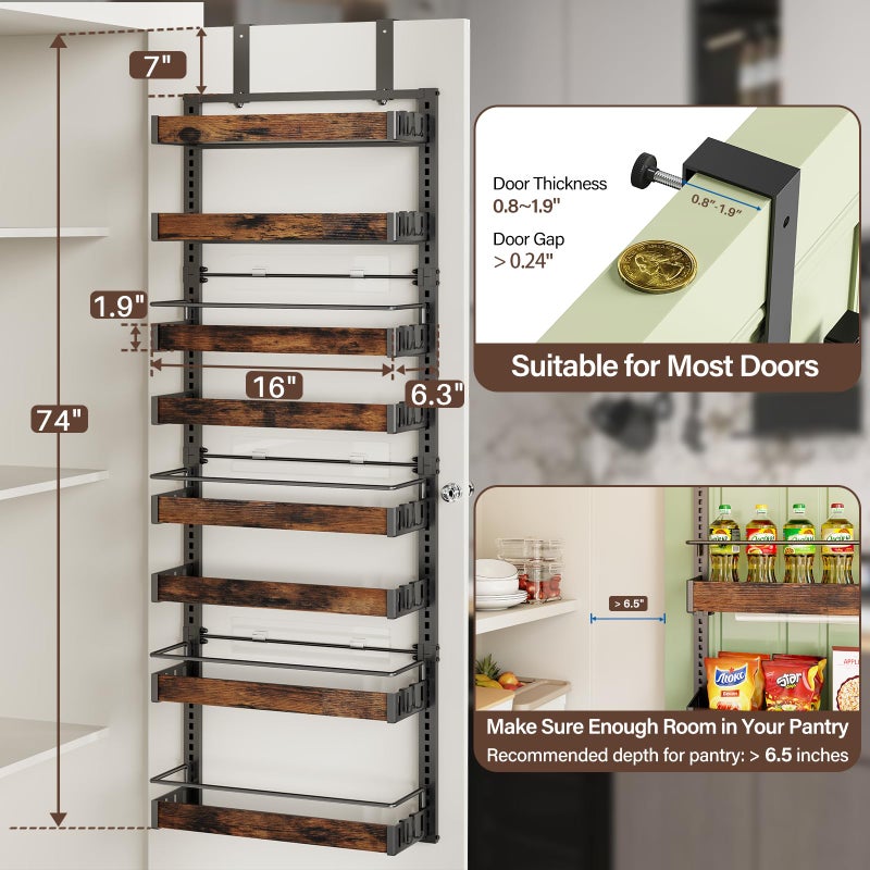 CUISIBOT 8 Tier Over The Door Pantry Organizer, 2 IN 1 Wall Mount or Metal Hanging Spice Rack for Pantry Organizers and Storage, Seasoning Shelvesï¼ŒAdjustable Basket with Hooks for Kitchen Cabinet and Closet - Image 2