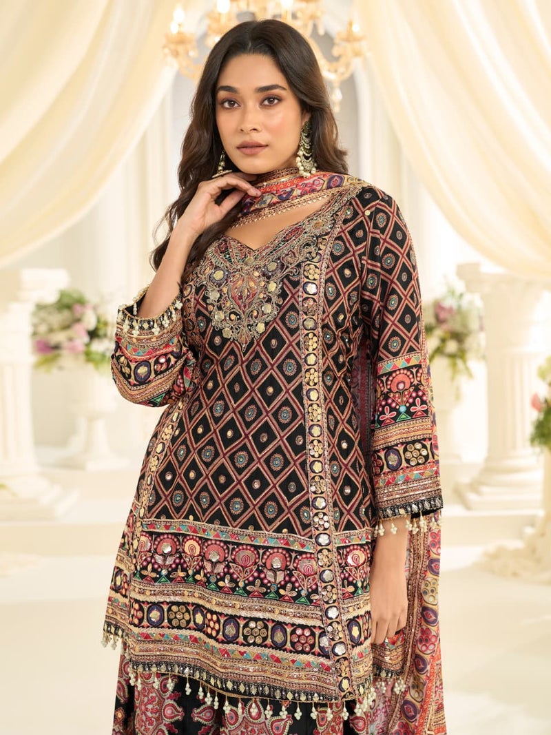 ANAITA Black Crep Silk Free Size Stitched Suit with Aari & Digital Print Work - Image 3