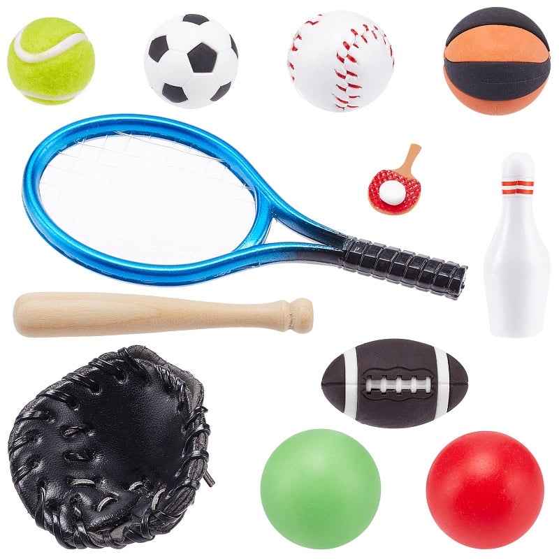 FINGERINSPIRE 24 Pcs Miniature Sports Set Mini Baseball Tennis Football Basketball Rugby Bowling Table Tennis Ball Clubs Ball Bats Mini House Decoration Accessories for Collection