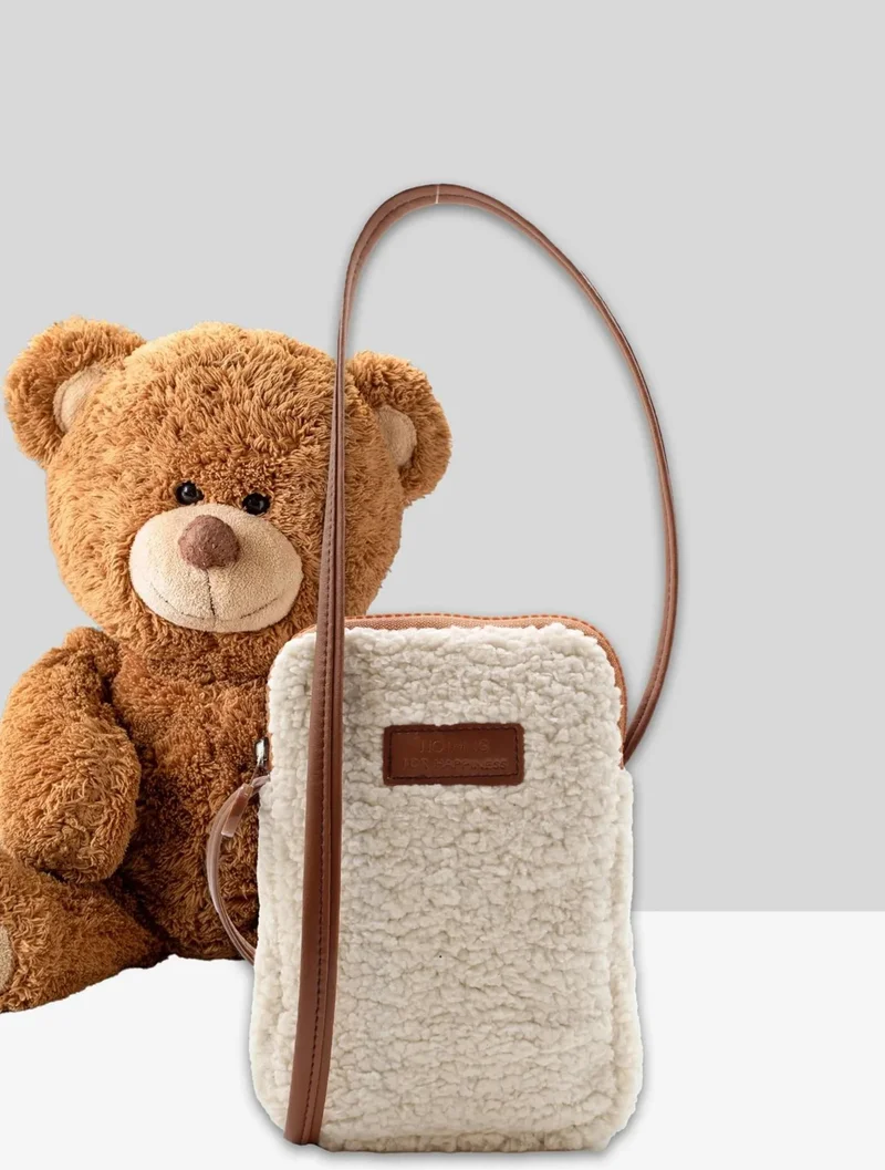 Nothing Women's Cream Brown Fur Plush Mini Phone Holder Cross Shoulder Bag