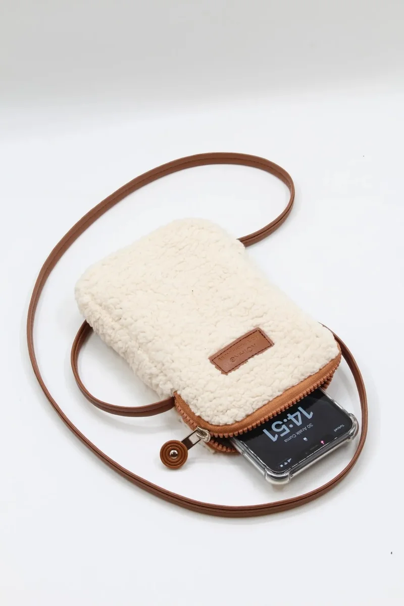 Nothing Women's Cream Brown Fur Plush Mini Phone Holder Cross Shoulder Bag