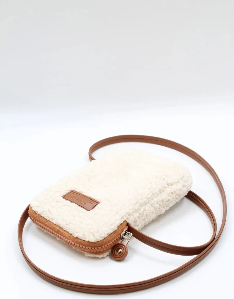 Nothing Women's Cream Brown Fur Plush Mini Phone Holder Cross Shoulder Bag
