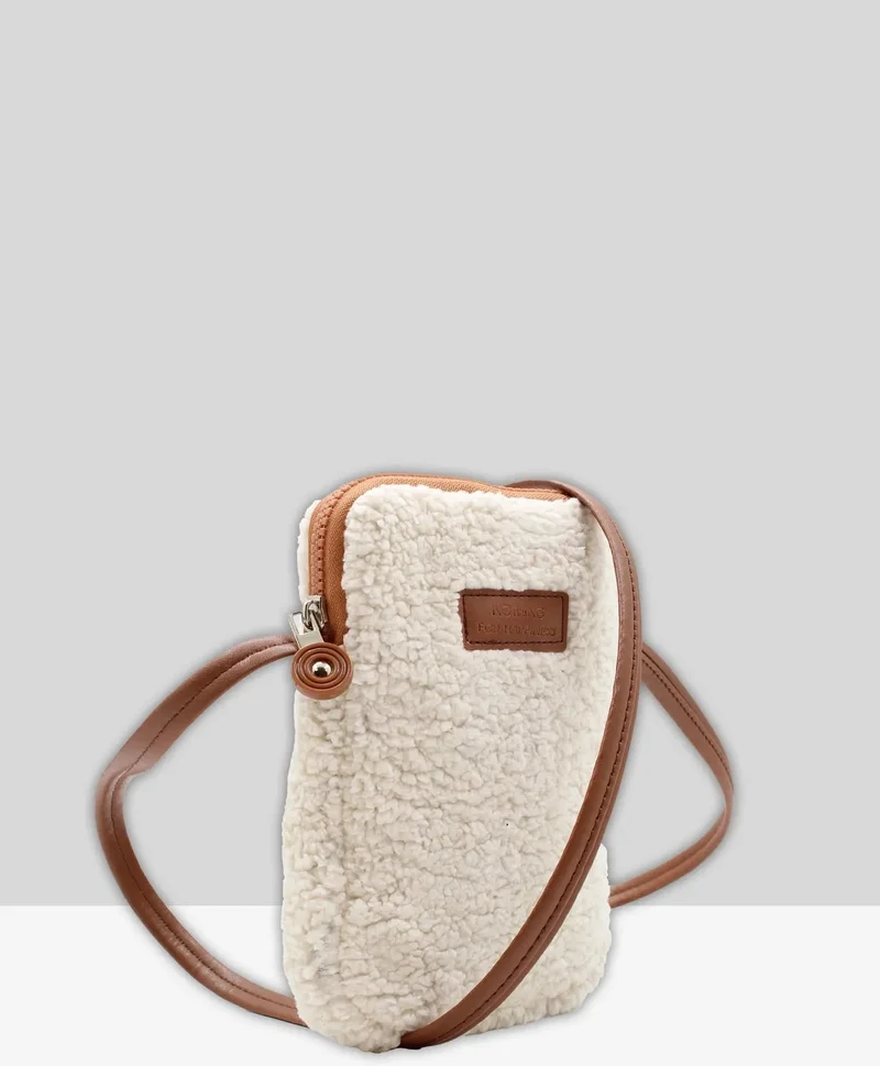 Nothing Women's Cream Brown Fur Plush Mini Phone Holder Cross Shoulder Bag