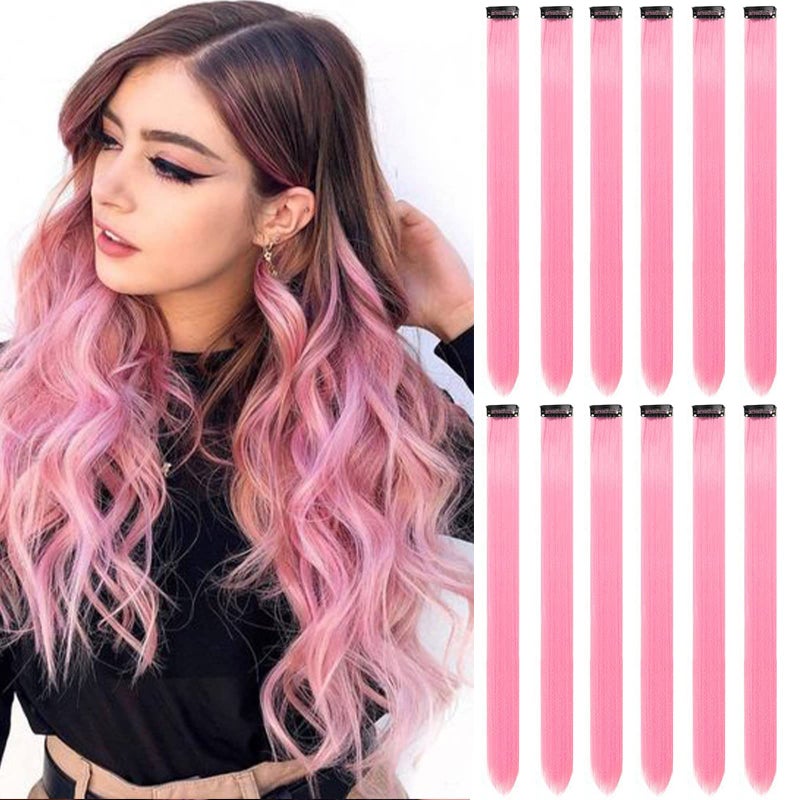 12 PCS Pink Hair Extensions Clip in Colored Party Highlights Extension for Kids Girls Synthetic Hairpiece Straight 22 inch
