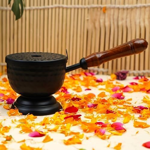 ServDharm Hammered Base Incense Burner Home Purifying Loban Dhoop Dani Dhuni Diameter 35 inMetal Round Black - Image 3