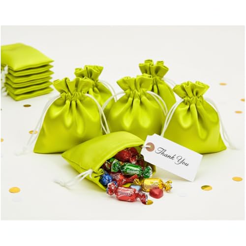 Star Quick Links® 3x4 inch (7.6 cm x 10.1 cm) 25 Pcs Satin Drawstring Bags, Small Party Favor Pouches, Jewelry Pouch for Gifting, Potli bag, Wedding, Baby Shower, Candy Bags for Treats & Goodies (Lime Green) - Image 1