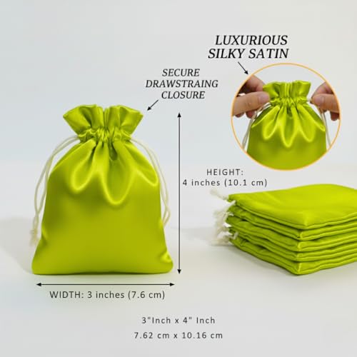 Star Quick Links® 3x4 inch (7.6 cm x 10.1 cm) 25 Pcs Satin Drawstring Bags, Small Party Favor Pouches, Jewelry Pouch for Gifting, Potli bag, Wedding, Baby Shower, Candy Bags for Treats & Goodies (Lime Green) - Image 2