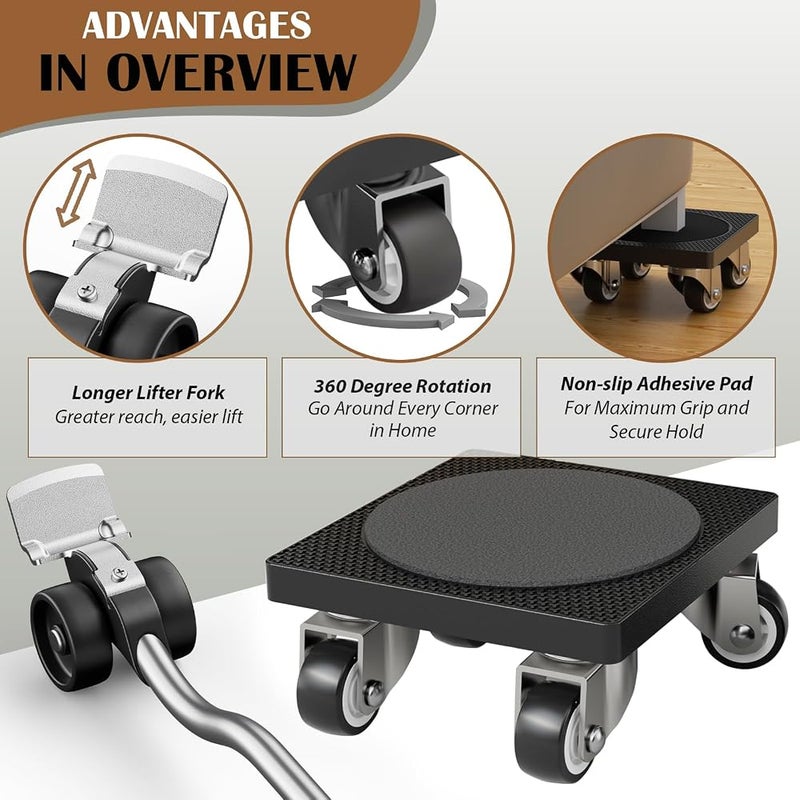 ONEON Furniture Movers with Wheels & Lifter Kit, 1 1/4" Gentle Wheels Made of TPE, 500 LB Max Load Capacity, Furniture Dolly for Moving Heavy Furniture Tool Set (Square) - Image 2
