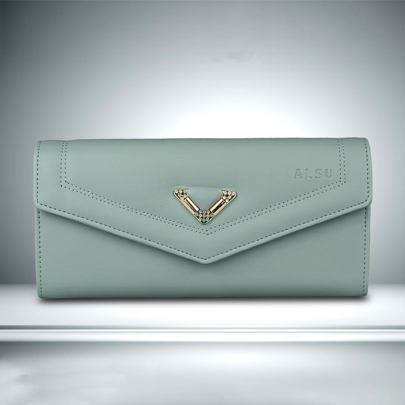 ALSU Women's Light Green Wallet Hand Purse Clutch Vegan Leather | Phone Pocket | 4 Card Pocket (gdu-033blugrn) - Image 2
