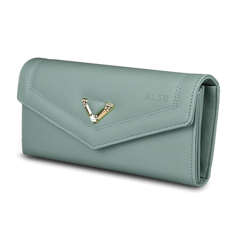 ALSU Women's Light Green Wallet Hand Purse Clutch Vegan Leather | Phone Pocket | 4 Card Pocket (gdu-033blugrn) - Image 1