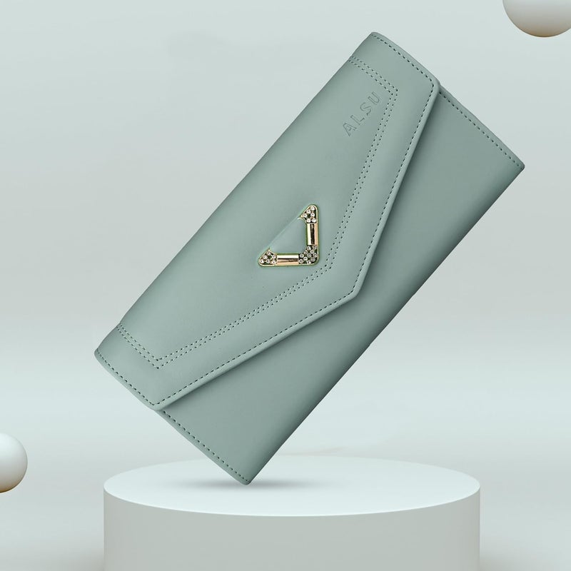 ALSU Women's Light Green Wallet Hand Purse Clutch Vegan Leather | Phone Pocket | 4 Card Pocket (gdu-033blugrn) - Image 4