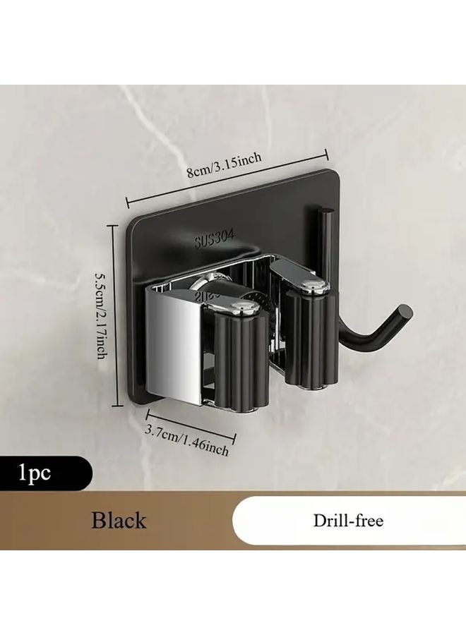 Black Heavy Duty Stainless Steel Wall Mounted Broom Mop Holder Drill Free Self Adhesive - Image 1