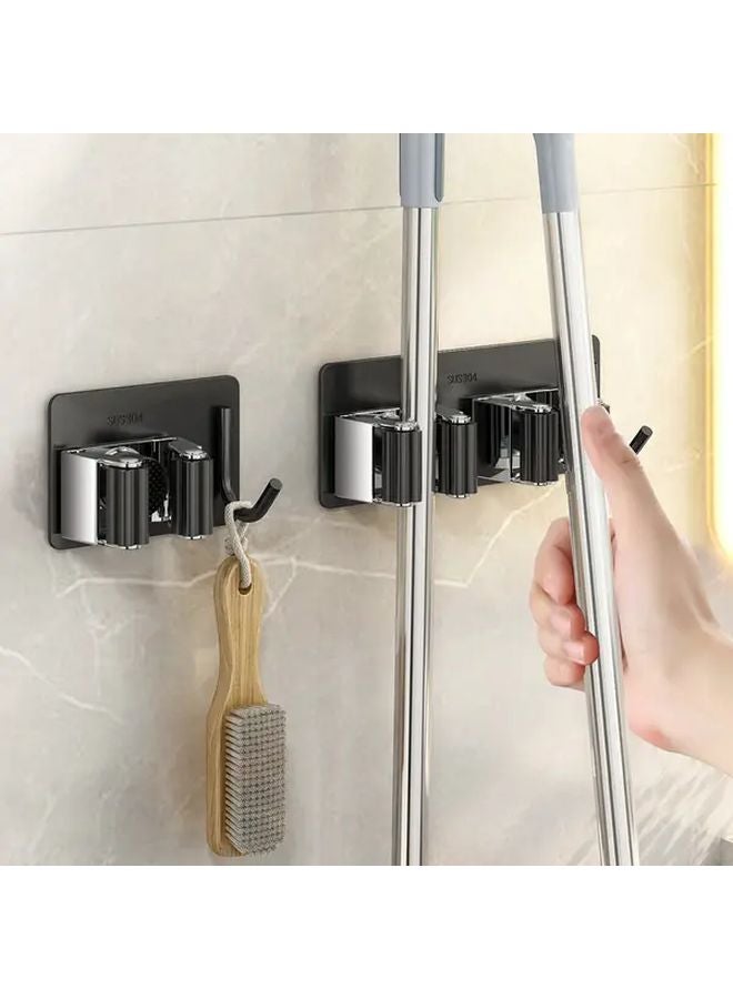 Black Heavy Duty Stainless Steel Wall Mounted Broom Mop Holder Drill Free Self Adhesive - Image 2