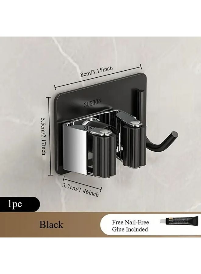 Black Heavy Duty Stainless Steel Wall Mounted Broom Mop Holder Drill Free Self Adhesive - Image 5