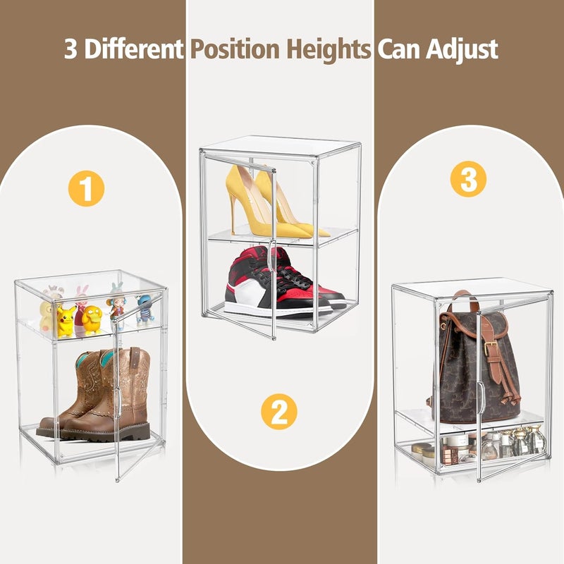 DAYOOH Clear Display Case for Figures 4-Tier Adjustable Showcase Acrylic Storage Box with 3 Dividers Stackable Display Stand for Collectibles, Handbag, Shoes, 2 Pcs - Image 2