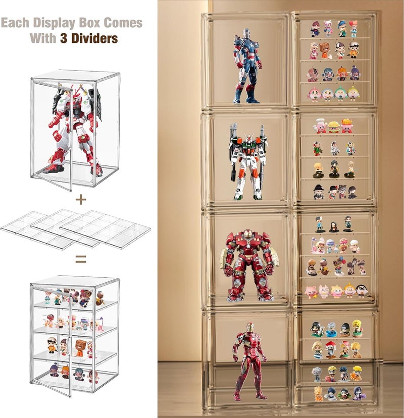 DAYOOH Clear Display Case for Figures 4-Tier Adjustable Showcase Acrylic Storage Box with 3 Dividers Stackable Display Stand for Collectibles, Handbag, Shoes, 2 Pcs - Image 4