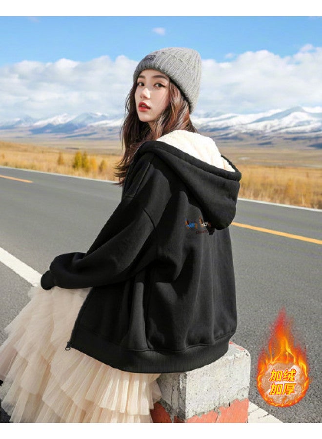 Flying in the snow Women's Cardigan Jacket 2025 Autumn Winter Commuting Loose Casual Versatile Hooded Thickened Top - Image 1