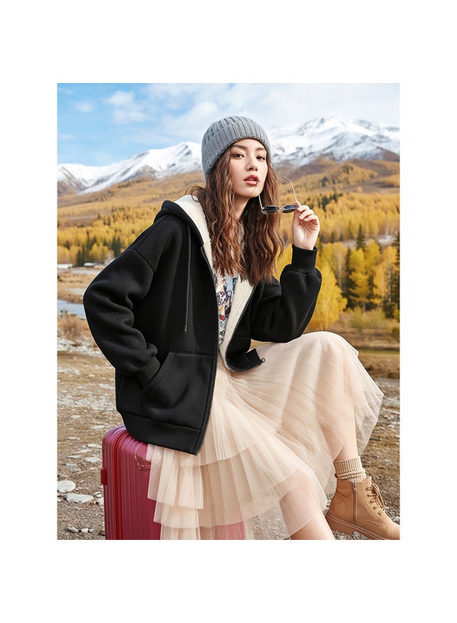 Flying in the snow Women's Cardigan Jacket 2025 Autumn Winter Commuting Loose Casual Versatile Hooded Thickened Top - Image 3