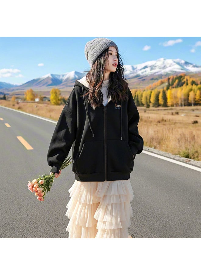Flying in the snow Women's Cardigan Jacket 2025 Autumn Winter Commuting Loose Casual Versatile Hooded Thickened Top - Image 5