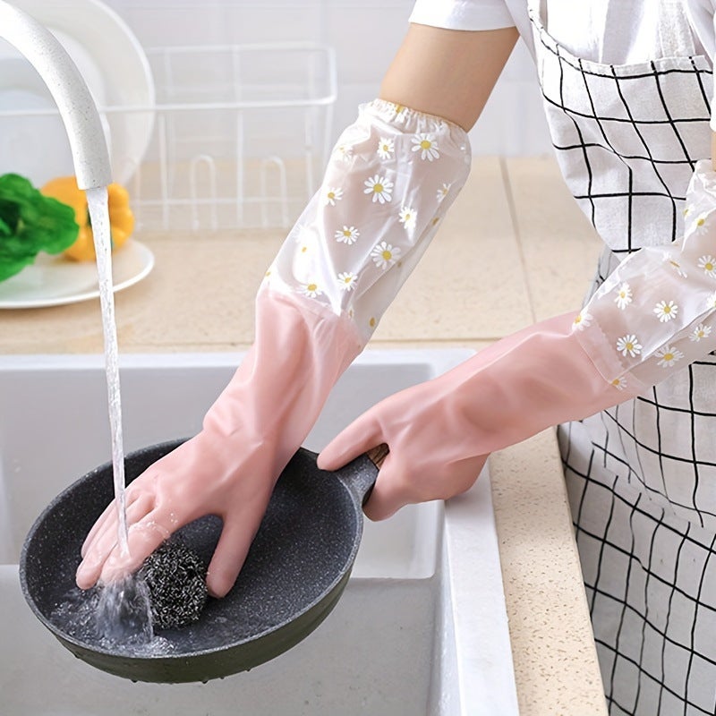 Creative jelly color kitchen cleaning gloves plastic girdle long gloves wash dishes wash clothes waterproof latex gloves Gloves (blue) - Image 3