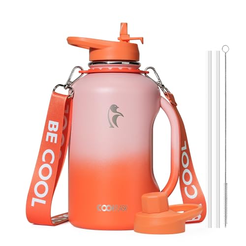 Coolflask 64oz Insulated Water Bottle, Coolflask Half Gallon Water Jug With Handle Straw Stainless Steel Double-Walled Vacuum Metal Large Flask With Strap Bpa-Free Leakproof, Keep Cold 48 Hrs, Sunny Orange - Image 1