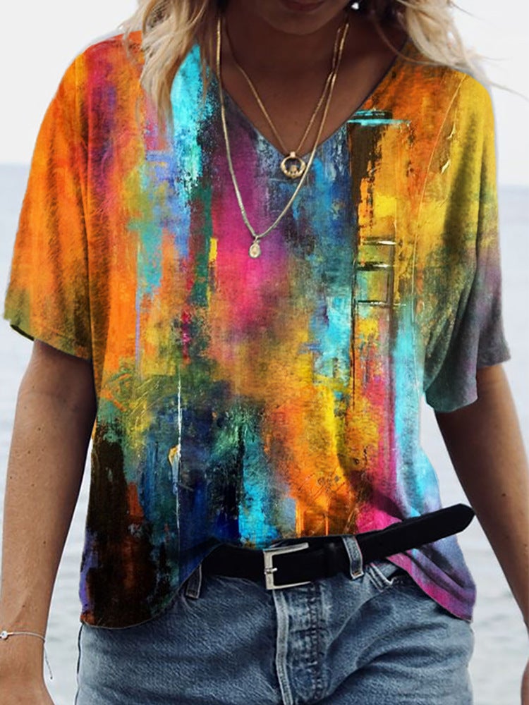 2022 Summer Explosions 3D Printing V-Neck Casual Loose Short-sleeved T-shirt - Image 1