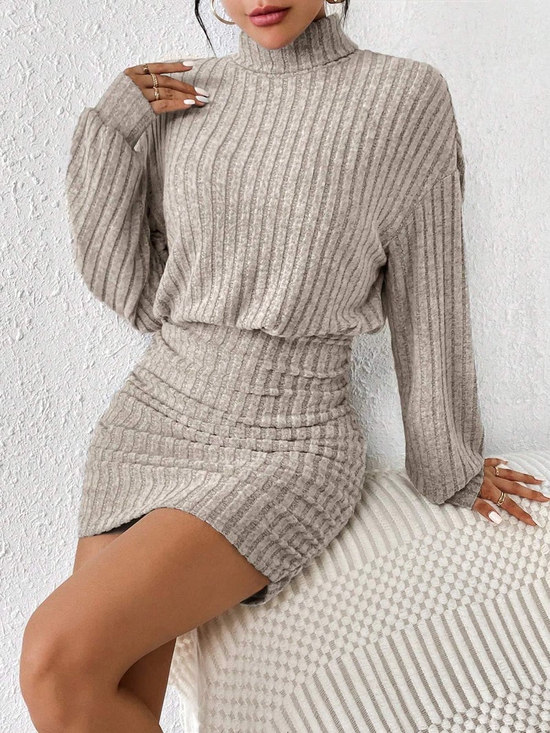 HBQ Women's Pullover Sweater Dress Long Lantern Sleeve Turtle Neck Cute Ribbed Knit Bodycon Mini Short Dress 2025 Fall-Khaki-S - Image 4