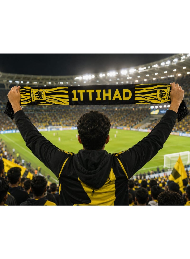 وشاح فاخر لمشجعي نادي الاتحاد لكرة القدم | تصميم جريء بخطوط النمر مع شعار الاتحاد الأيقوني | الشعار الرسمي للنادي | هدية مثالية للجماهير، وفخر كرة القدم السعودية - تأسس عام 1927 - Image 2