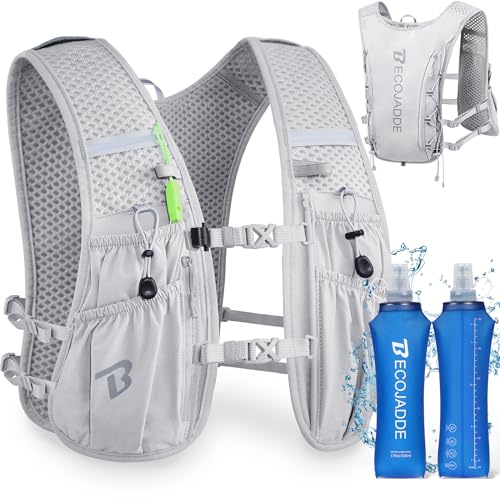 BECOJADDE Running Vest Hydration Backpack with Two 500ML Soft Water Bottles for Men Women 5L Lightweight Running Pack Hydration for Marathon Trail Cycling Hiking Jogging Gray - Image 1