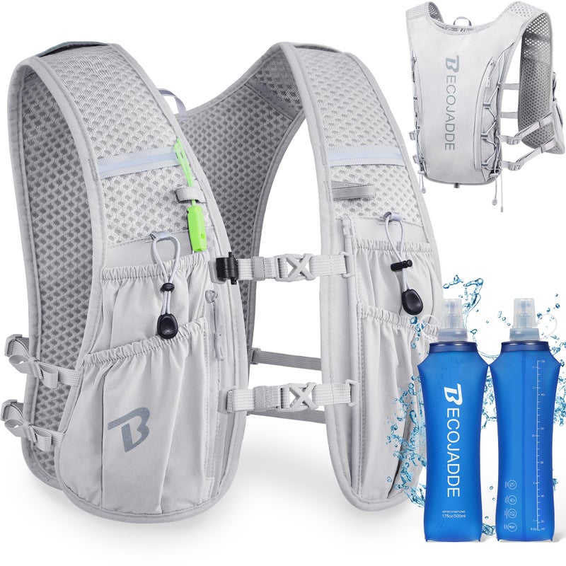 BECOJADDE Running Vest Hydration Backpack with Two 500ML Soft Water Bottles for Men Women 5L Lightweight Running Pack Hydration for Marathon Trail Cycling Hiking Jogging Gray - Image 2