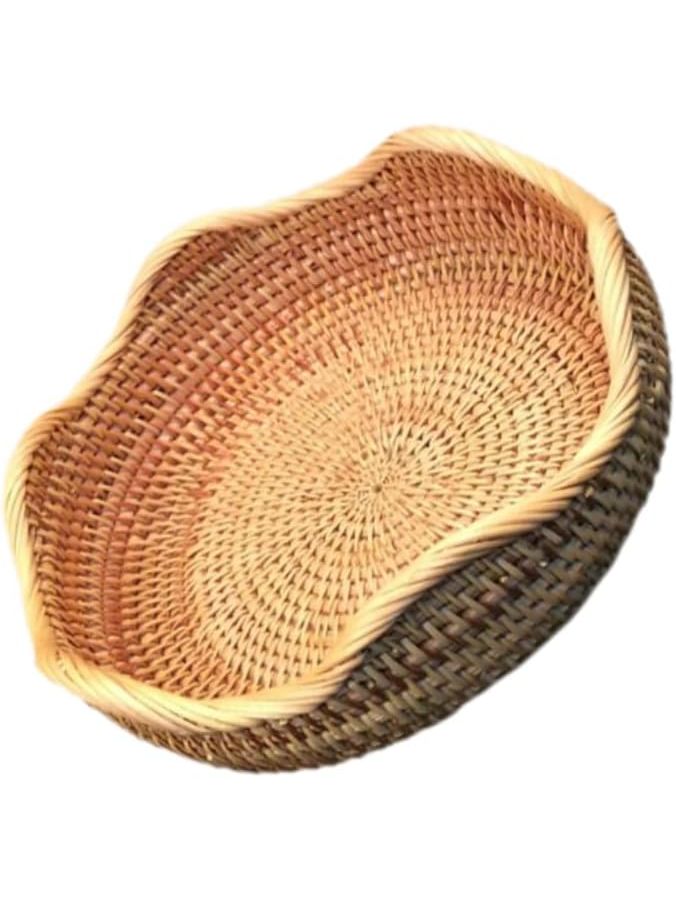 Light Brown Rattan Woven Storage Basket 30x10cm Wave Style Container For Fruits Vegetables Snacks Kitchen Outdoor Picnic Dining Room Party - Image 1
