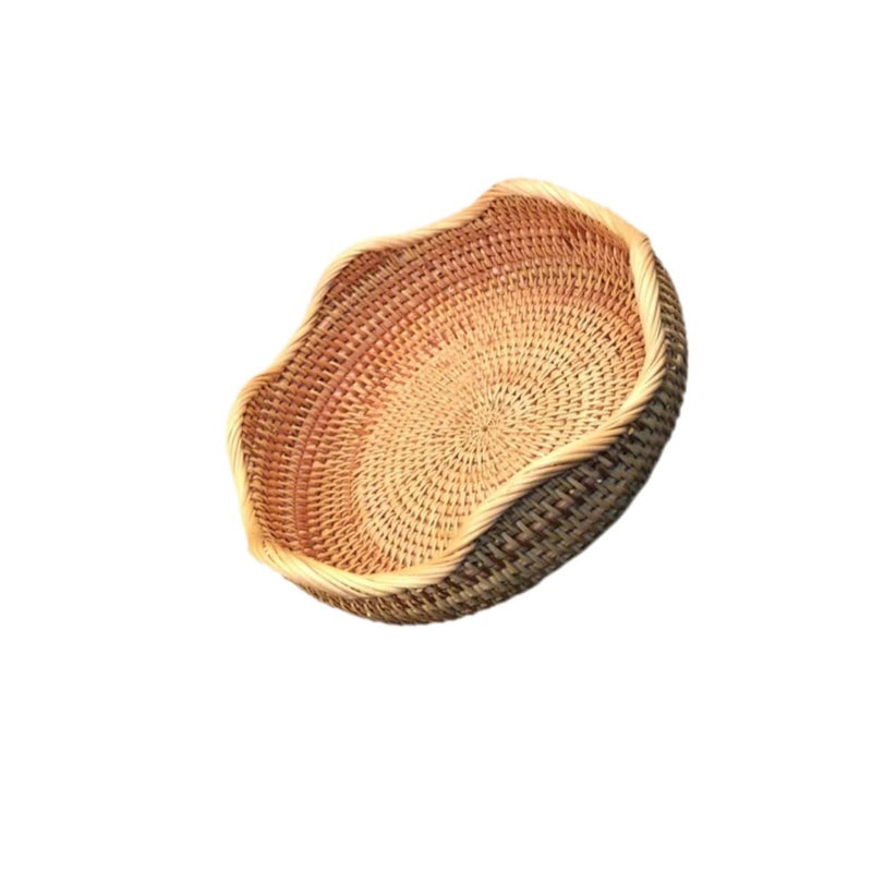Light Brown Rattan Woven Storage Basket 30x10cm Wave Style Container For Fruits Vegetables Snacks Kitchen Outdoor Picnic Dining Room Party - Image 2