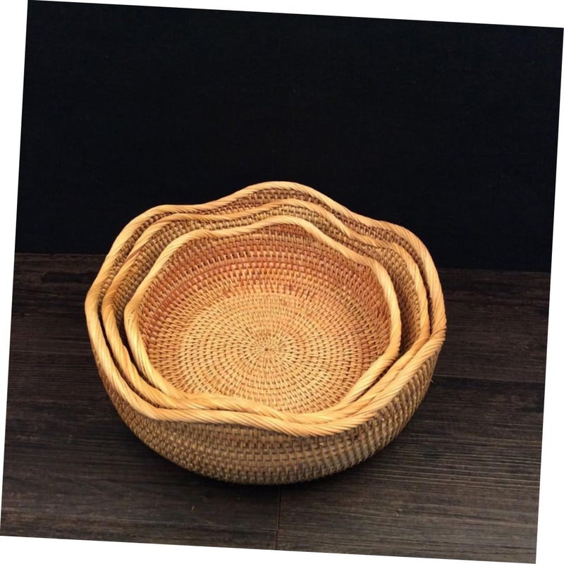 Light Brown Rattan Woven Storage Basket 30x10cm Wave Style Container For Fruits Vegetables Snacks Kitchen Outdoor Picnic Dining Room Party - Image 4