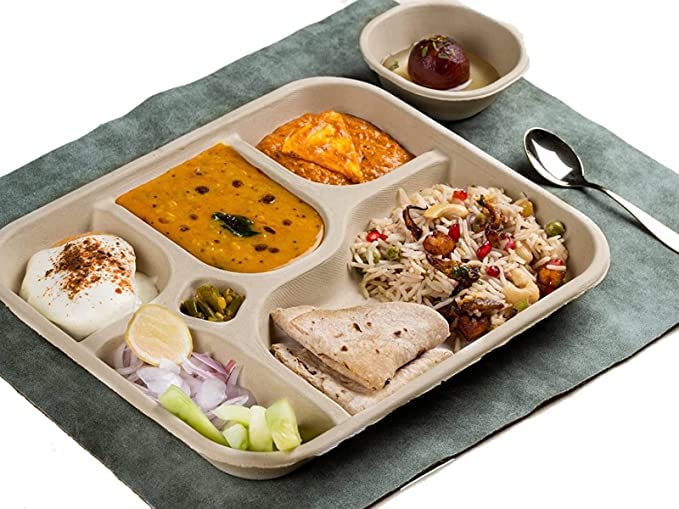 SANWALSA [5-Compartment, 25 Count, Beige Disposable Bagasse Plates | Eco-Friendly Sugarcane Meal Tray for Wedding, Party, Picnic, Event | Mess-Free Sections - Image 3