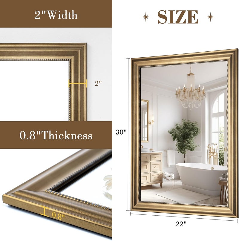Axeman 22x30 Rectangular Wall Mirror, Decorative Bathroom Mirror, Traditional Vintage Wall Mounted Mirror with Beaded Frame for Accent Living Room Vanity Bedroom Entryway, Gold - Image 5