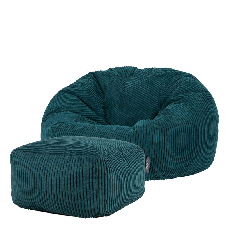 icon Kingston Cord Bean Bag with Footstool Teal Green Large Adult Bean Bag Chair with Filling Included Comfy Chair Pouffe Footstool Living Room Furniture Bedroom Furniture