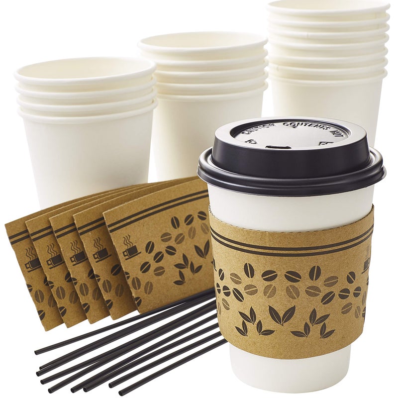 Avant Grub LeakFree AllinOne Coffee Cup Set 12Oz 100Pk with Recyclable Cardboard Jacket Sleeves Stirrers and Dome Lids Best Disposable Paper Cups Bulk Bundle Perfect for Hot Beverages and Drinks