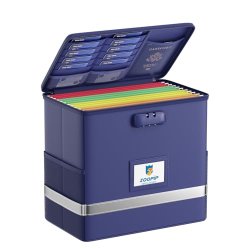 ZOOPIP Fireproof File Box with Lock Document Box Storage Organizer Suitable for Hanging File Folders in Letter Size Collapsible File Box Reflective Strip for Fast Find 1226102 Blue - Image 1