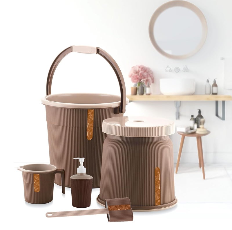 Liza Liza Newton Combo of 5pcs Bathroom Accessories Set Plastic Bathroom Set with 20Ltr Plastic Bucket, Small Mug, Big Stool, Dispenser, & Toilet Brush for Home, Kitchen & Bathroom (Brown) - Image 1
