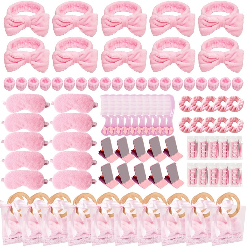 MXQHXZSX 92 Pcs Pink Spa Sleepover Party Supplies for Girls, Include Skincare Headband Set Scrunchie Eye Mask, Mirror Hair, Comb, Nail Care Gift Bags for Spa Slumber Birthday Party Favors Supplies - Image 1