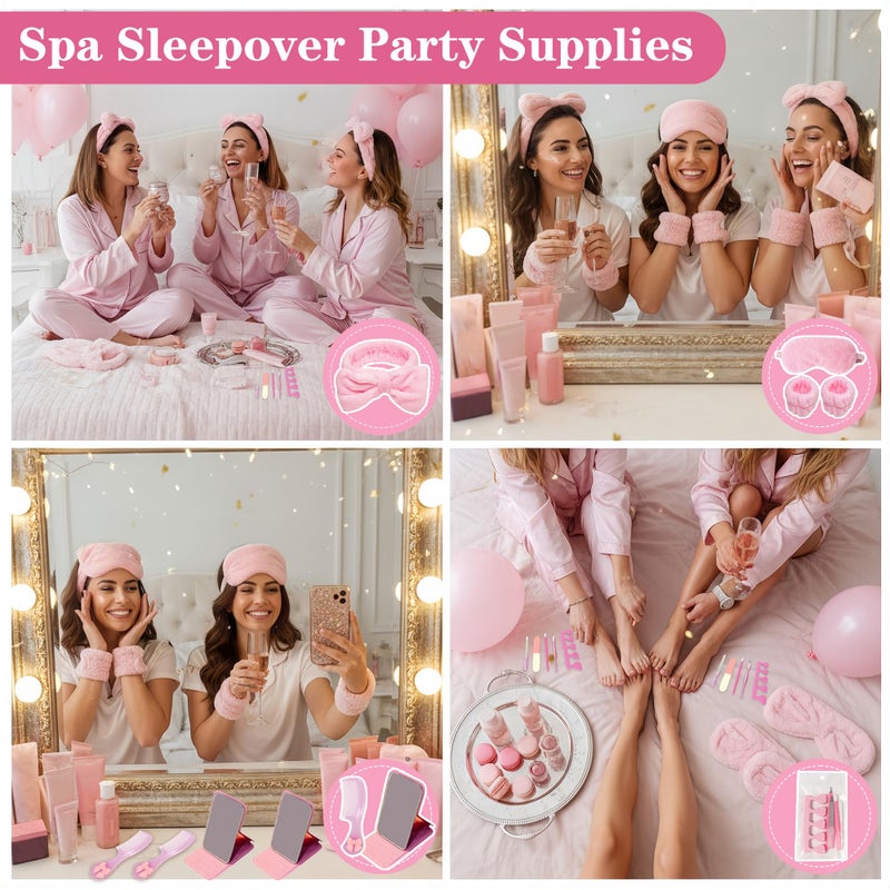 MXQHXZSX 92 Pcs Pink Spa Sleepover Party Supplies for Girls, Include Skincare Headband Set Scrunchie Eye Mask, Mirror Hair, Comb, Nail Care Gift Bags for Spa Slumber Birthday Party Favors Supplies - Image 4