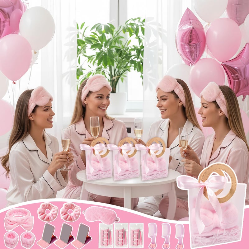 MXQHXZSX 92 Pcs Pink Spa Sleepover Party Supplies for Girls, Include Skincare Headband Set Scrunchie Eye Mask, Mirror Hair, Comb, Nail Care Gift Bags for Spa Slumber Birthday Party Favors Supplies - Image 3
