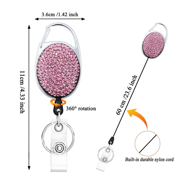 SQEYYGI 4PCS Badge Holder Retractable Clip with Bling Rhinestones Crystal, Sparkly Badge Reel with Belt Clip and Key Ring (White + Pink + AB Clour + Black) - Image 2