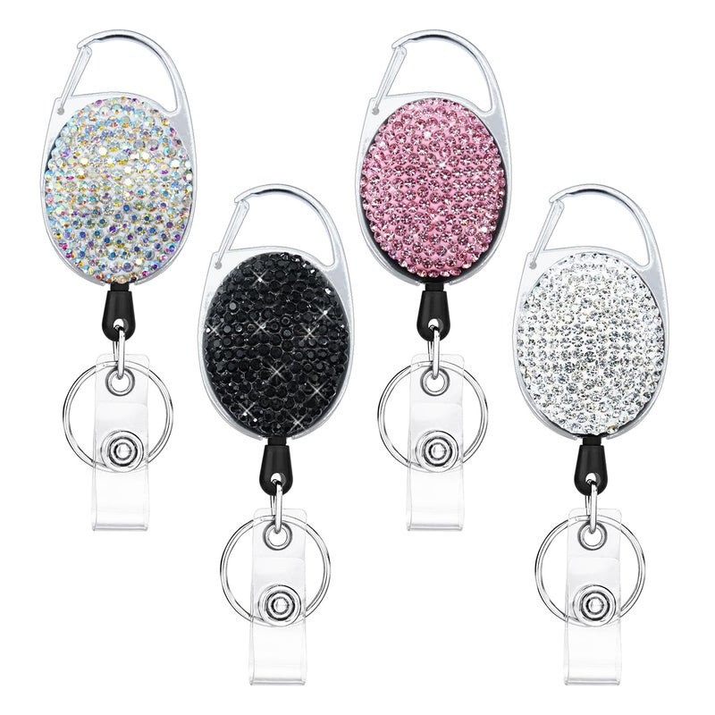 SQEYYGI 4PCS Badge Holder Retractable Clip with Bling Rhinestones Crystal, Sparkly Badge Reel with Belt Clip and Key Ring (White + Pink + AB Clour + Black) - Image 1