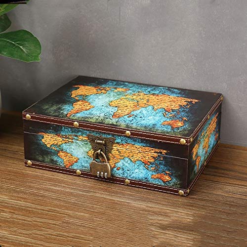 WANLIAN Wood and Leather Treasure Chest with Lid and Lock-Decorative Jewelry Keepsake Storage Box for Kids, Teenagers,for Birthday Wedding，Christmas Day (Map, Extra Large) - Image 1