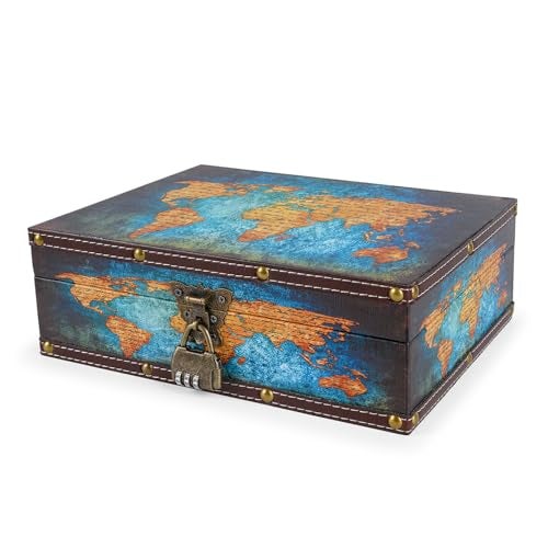 WANLIAN Wood and Leather Treasure Chest with Lid and Lock-Decorative Jewelry Keepsake Storage Box for Kids, Teenagers,for Birthday Wedding，Christmas Day (Map, Extra Large) - Image 2
