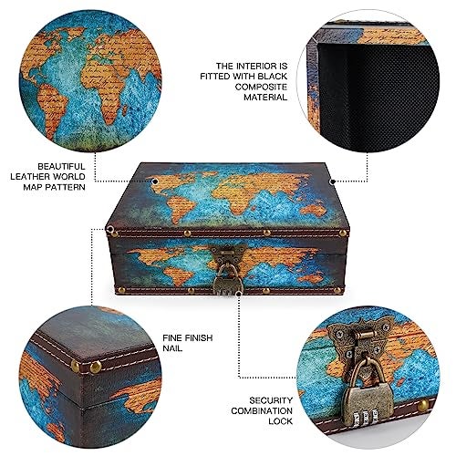 WANLIAN Wood and Leather Treasure Chest with Lid and Lock-Decorative Jewelry Keepsake Storage Box for Kids, Teenagers,for Birthday Wedding，Christmas Day (Map, Extra Large) - Image 4